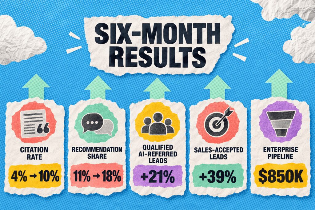 Six-month results show higher citation rate, recommendation share, qualified leads, sales-accepted leads, and enterprise pipeline