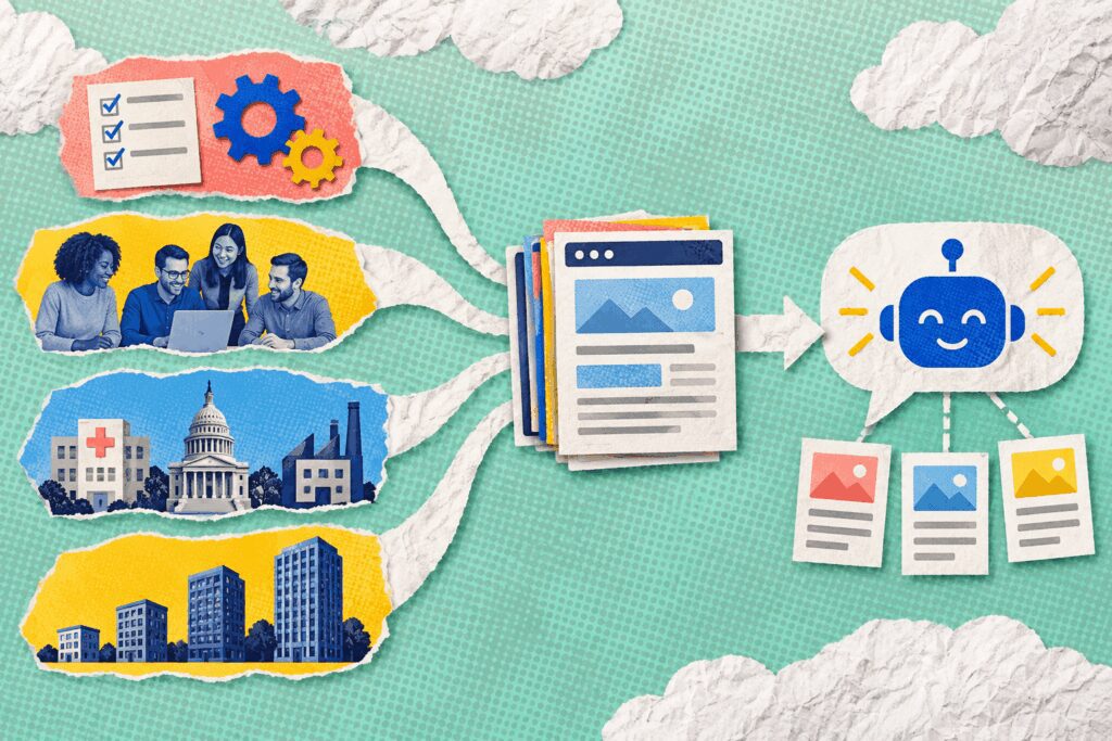 A strategist, AI production system, and human editors move content from research through review and publication.
