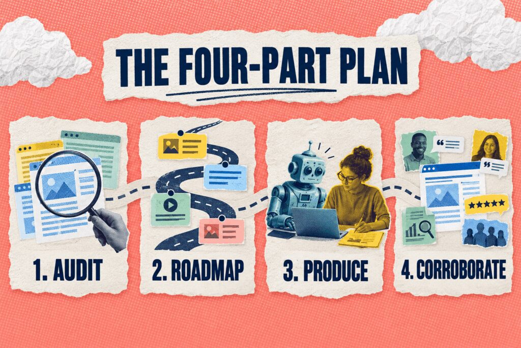Four-step plan showing audit, roadmap, production, and third-party corroboration.