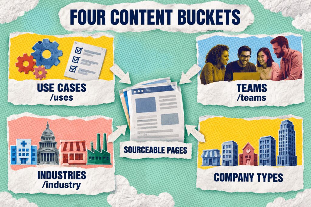 Use cases, teams, industries, and company types connect to a central stack of sourceable webpages.