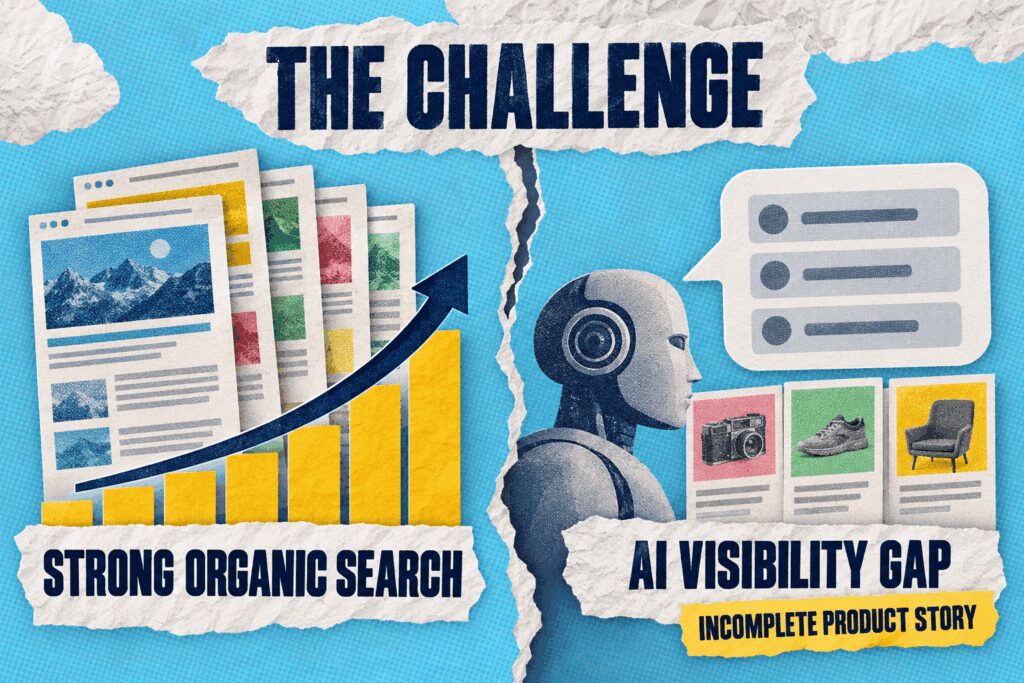 Split infographic contrasting strong organic search performance with an AI visibility gap and incomplete product story.