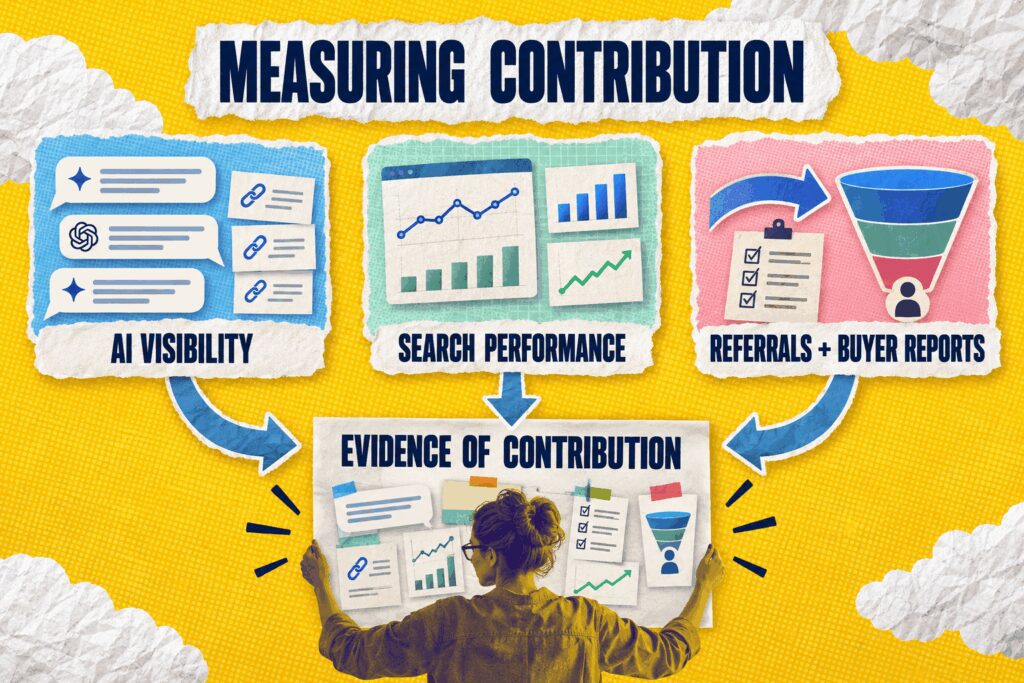 AI visibility, search performance, referrals, and buyer reports converge as evidence of contribution.
