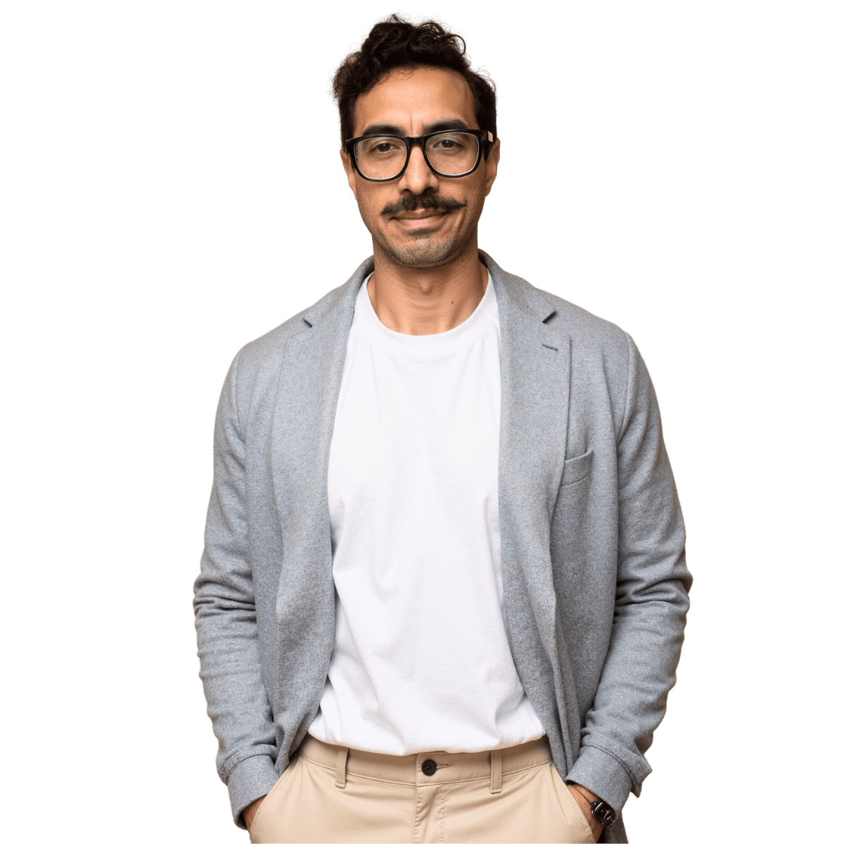 seo and geo freelancer ryan tronier wearing a cardigan